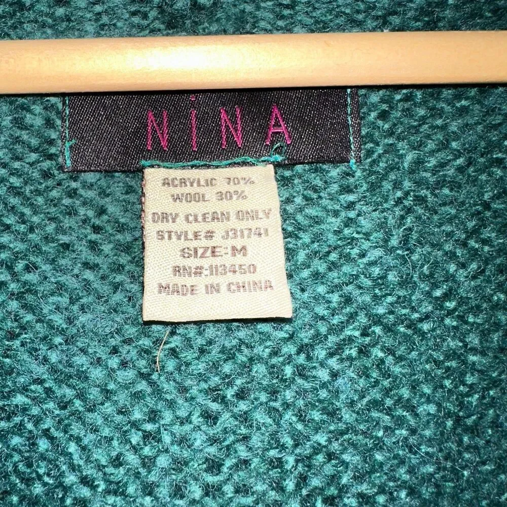 Nina Green Hooded‎ Ribbon Single Button Boho Vintage Wool Blend Cardigan Size S